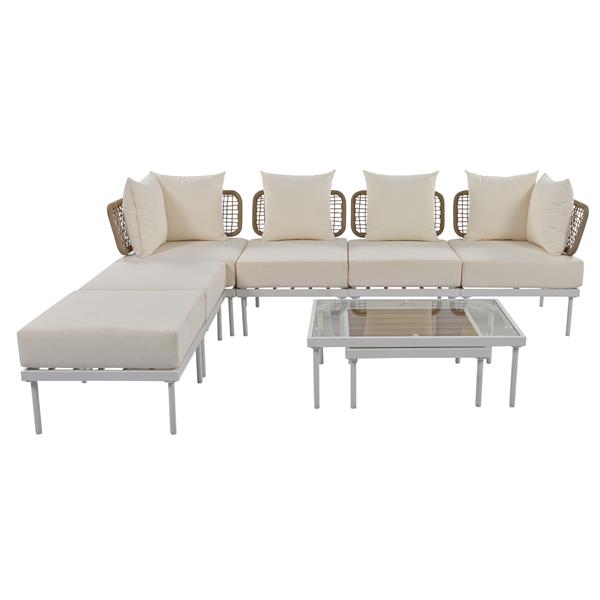 8-Piece Patio Sectional Sofa Set with Tempered Glass Coffee Table and Wooden Coffee Table for Outdoor Oasis, Garden, Patio and Poolside (Beige Cushion + White Steel)