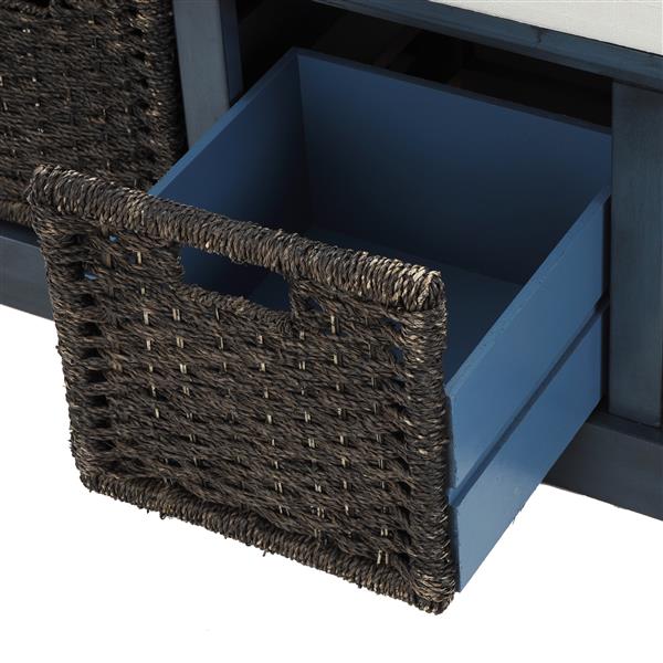 Rustic Storage Bench with 3 Removable Classic Rattan Basket , Entryway Bench with Removable Cushion (Antique Navy)