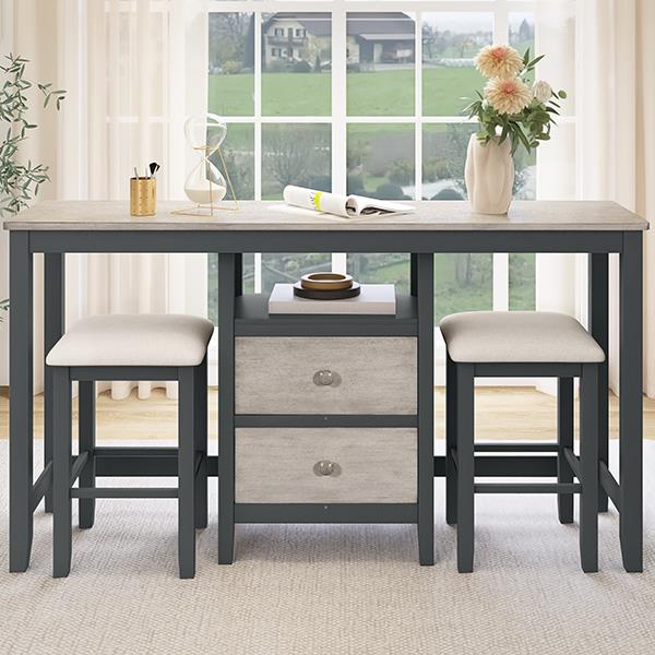 Farmhouse Rustic 3-piece Counter Height Wood Dining Table Set with Cabinet,2 Storage Drawers and 2 Stools for Small Places, Gray and Distressed Light Gray