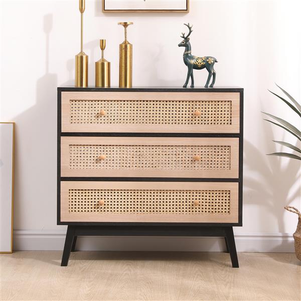 31.5 "3-Drawers Rattan Storage Cabinet Rattan Drawer,for Bedroom,Living Room,Natural drawer and black panel 