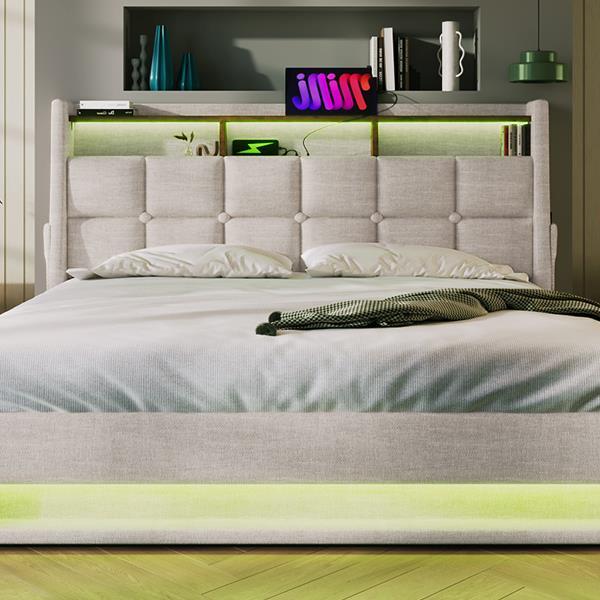 Queen size Upholstered Platform bed with a Hydraulic Storage System, LED and USB Charging, Natural (without mattress)