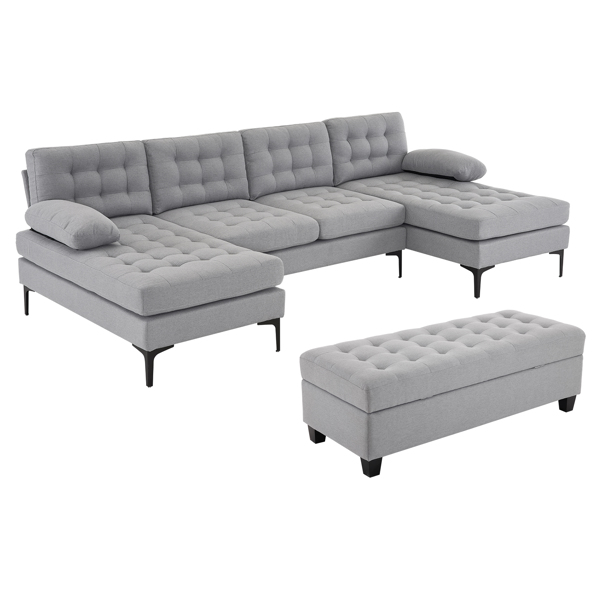 110 inch Sleeper Sectional Sofa Set with Storage Ottoman, U-Shaped 4-Seat Sofa Couch for Living Room, Light Grey ﻿