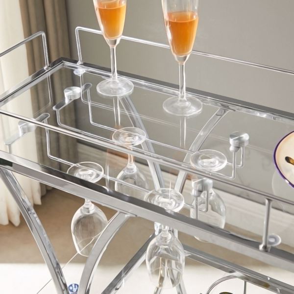 Electroplated Glass Bar Cart, With Wine Rack And Glass Holder, For Kitchen, Serving, Hotel  Silver