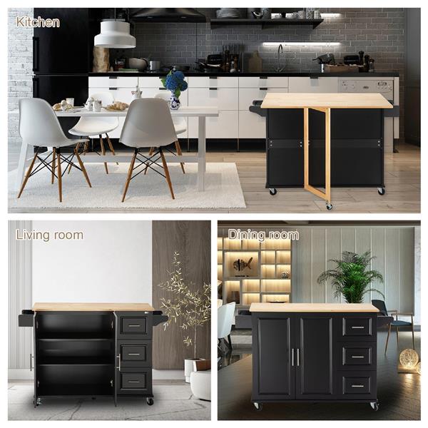 Kitchen Island & Kitchen Cart, Mobile Kitehcn Island with Extensible Rubber Wood Table Top,adjustable Shelf Inside Cabinet for Different Utensils, 3 Big Drawers, with Spice Rack, Towel Rack, Black-Bee