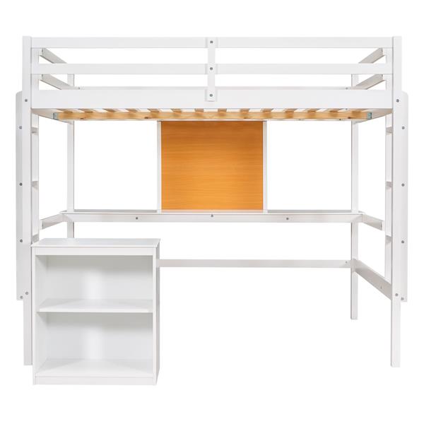 Twin size Loft Bed with Desk and Writing Board, Wooden Loft Bed with Desk & 2 Drawers Cabinet- White