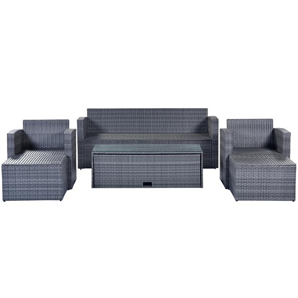 6-piece All-Weather Wicker PE rattan Patio Outdoor Dining Conversation Sectional Set with coffee table, wicker sofas, ottomans,  removable cushions (Dark grey wicker, Light grey cushion)