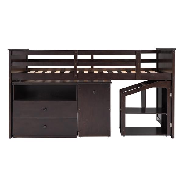 Loft Bed Low Study Twin Size Loft Bed With Storage Steps and Portable,Desk,Espresso