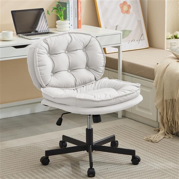 Armless-Office Desk Chair with Wheels: PU Leather Cross Legged Wide Chair,Comfortable Adjustable Swivel Computer Task Chairs for Home,Office,Make Up,Small Space,Bed Room