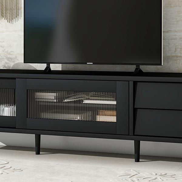 Chic Elegant Design TV Stand with Sliding Fluted Glass Doors, Slanted Drawers Media Console for TVs Up to 75", Modern TV Cabinet with Ample Storage Space, Black