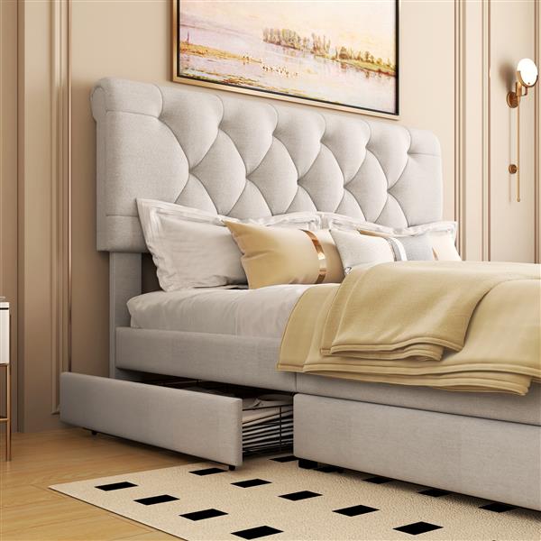 Queen size Upholstered Platform bed with Four Drawers, Antique Curved Headboard, Linen Fabric, Beige (without mattress)