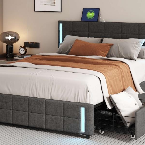 Queen Size Upholstered Platform Bed with LED Lights and USB Charging, Storage Bed with 4 Drawers, Gray(Linen)