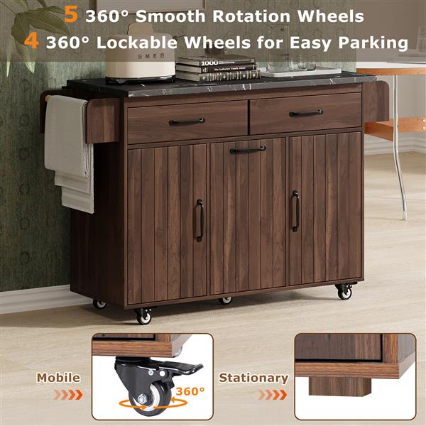 Kitchen Island with Trash Can Storage Cabinet, Kitchen Cart with Drop Leaf, Spice Rack, Towel Rack and Drawer, Rolling Kitchen Island on Wheels with Adjustable Shelf, Walnut Brown