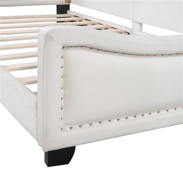 Twin Size Upholstered Daybed with Cloud Shaped Headboard, Embedded Elegant Copper Nail Design, Beige