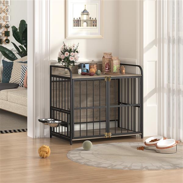 39'' Indoor Metal Dog Crate with Double Doors, Wooden Side End Table Crate, Dog Crate Furniture with Adjustable Feeder Stand, for Medium Dog, Gray