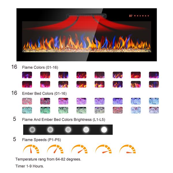 36 inch recessed ultra thin tempered glass front wall mounted electric fireplace with remote and multi color flame & emberbed, LED light heater