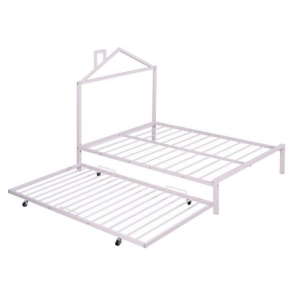 Full Size Metal Platform Bed with twin size trundle,House-Shaped Headboard Design, Pink