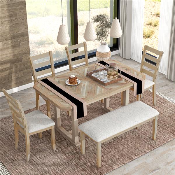 6-Piece Rubber Wood Dining Table Set with Beautiful Wood Grain Pattern Tabletop Solid Wood Veneer and Soft Cushion (Natural Wood Wash)