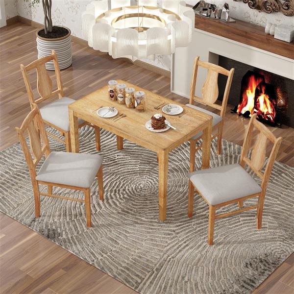 5-Piece Kitchen Dining Table Set, Wooden Rectangular Dining Table and 4 Upholstered Chairs for Kitchen and Dining Room (Drift Wood)