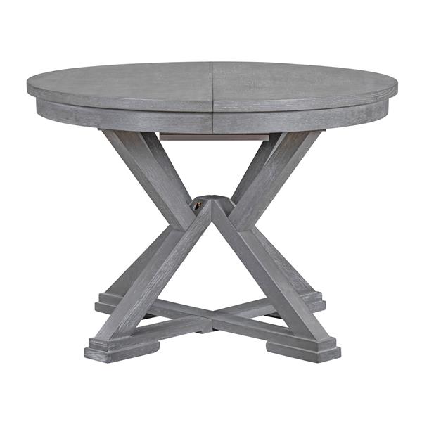 5-Piece Retro Functional Dining Table Set Extendable Round Table and 4 Upholstered Chairs for Dining Room and Living Room (Grey)