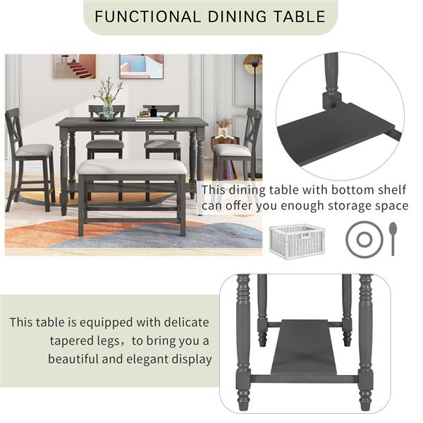 6-Piece Counter Height Dining Table Set Table with Shelf 4 Chairs and Bench for Dining Room (Gray)