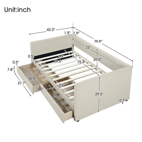 Twin Size Corduroy Daybed with Two Drawers and Wood Slat, Beige