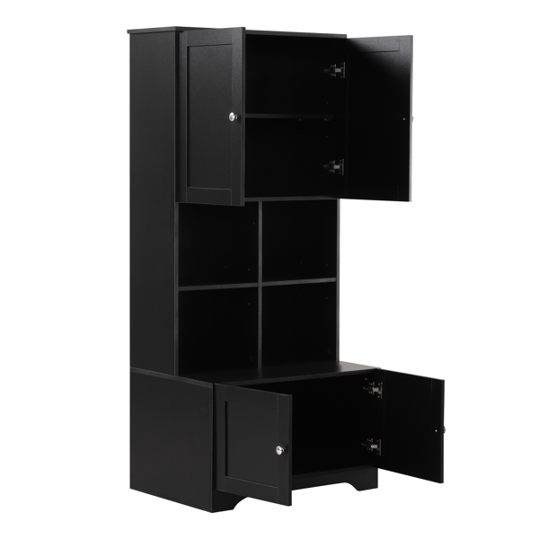 Tall and Wide Bathroom Floor Storage Cabinet, Bathroom Storage Unit, Freestanding Cabinet with 4 Doors, Adjustable Shelves, Open multi-layer Shelves, Black 