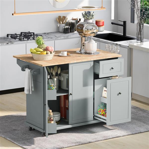 Kitchen Island with Drop Leaf, 53.9" Width Rolling Kitchen Cart on Wheels with Internal Storage Rack and 3 Tier Pull Out Cabinet Organizer, Kitchen Storage Cart with Spice Rack, Towel Rack (Grey Blue)