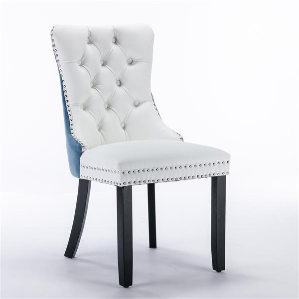 Furniture,Modern, High-end Tufted Solid Wood Contemporary PU and Velvet Upholstered Dining Chair with Wood Legs Nailhead Trim  2-Pcs Set, White+Light Blue, SW2101WL