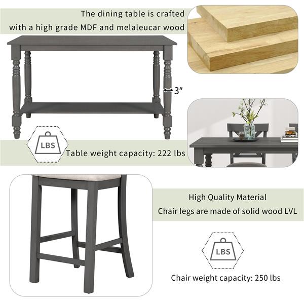 6-Piece Counter Height Dining Table Set Table with Shelf 4 Chairs and Bench for Dining Room (Gray)