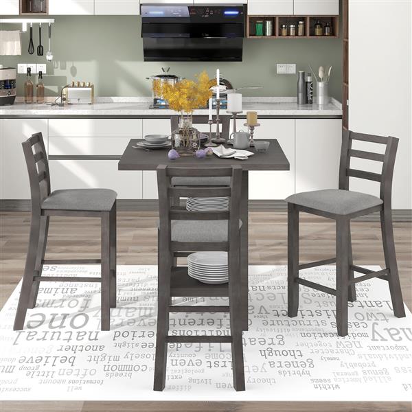 5-Piece Wooden Counter Height Dining Set with Padded Chairs and Storage Shelving (Gray)