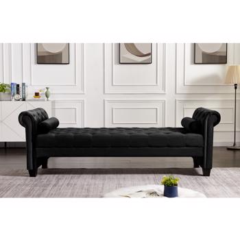 Black,  Solid Wood Legs Velvet Rectangular Sofa Bench with Attached Cylindrical Pillows 