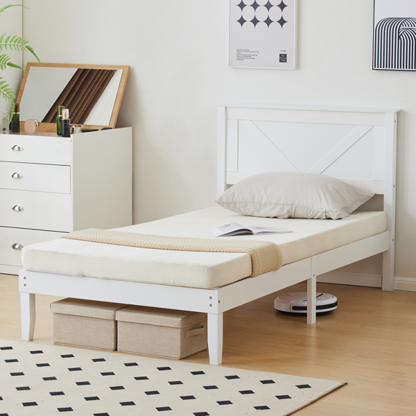 Twin Size Solid Wood Platform Bed Frame with Headboard White