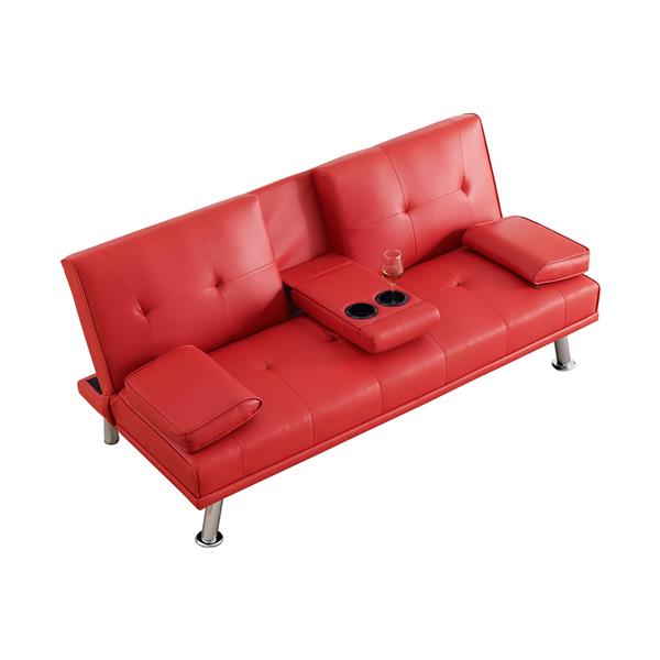 67" Red Leather Multifunctional Double Folding Sofa Bed for Office with Coffee Table