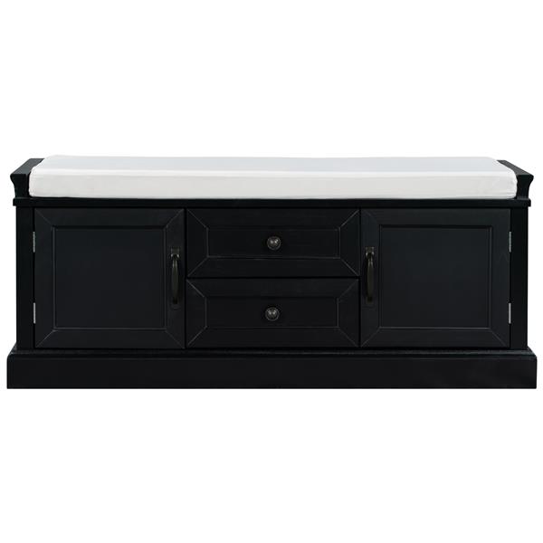 Storage Bench with 2 Drawers and 2 Cabinets, Shoe Bench with Removable Cushion for Living Room, Entryway (Black)