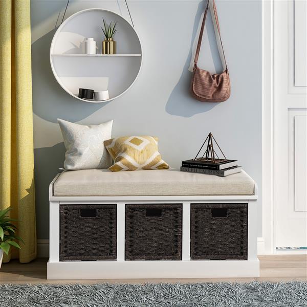 Rustic Storage Bench with 3 Removable Classic Rattan Basket , Entryway Bench Storage Bench with Removable Cushion (White)