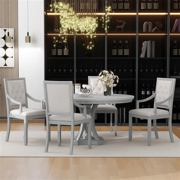 Retro 5-piece Dining Set Extendable Round Table and 4 Chairs for Kitchen Dining Room(ANTIQUE GRAY OAK)