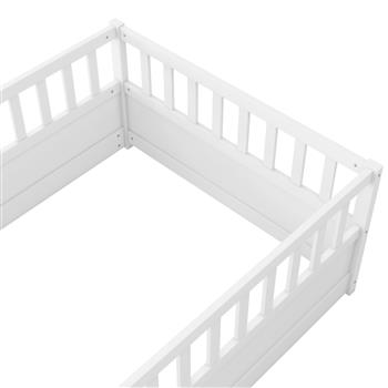 Twin Size Floor bed, integral construction with super high security barrier, door, children\\'s floor bed frame, Montessori wooden children\\'s floor bed, white