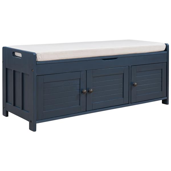 Storage Bench with 3 Shutter-shaped Doors, Shoe Bench with Removable Cushion and Hidden Storage Space (Antique Navy)