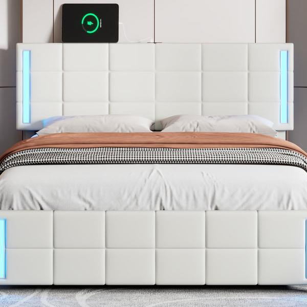 Queen Size Upholstered Platform Bed with LED Lights and USB Charging, Storage Bed with 4 Drawers, White