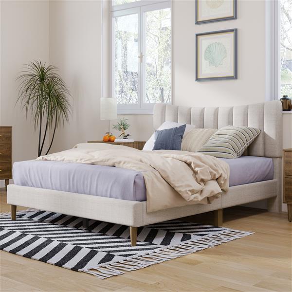 Upholstered Platform Bed Frame with Vertical Channel Tufted Headboard, No Box Spring Needed, Full, Cream