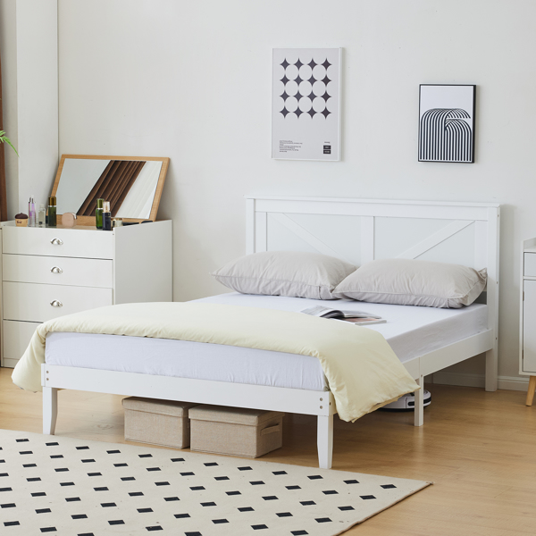 Queen Size Solid Wood Platform Bed Frame with Headboard White