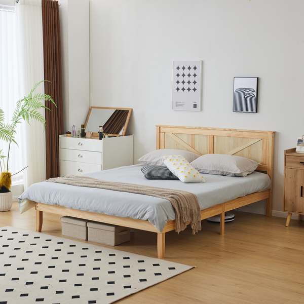 Queen Size Solid Wood Platform Bed Frame with Headboard natural