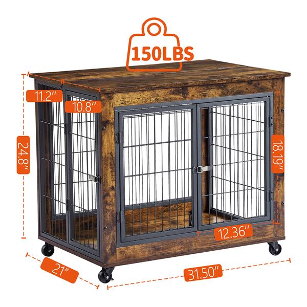 Furniture Style Dog Crate Side Table on Wheels with Double Doors and Lift Top. Rustic Brown, 31.50'' W x 22.05'' D x 25'' H.