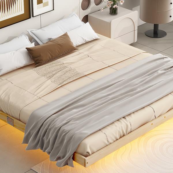 King Size Floating Bed with LED Lights Underneath,Modern King Size Low Profile Platform Bed with LED Lights,Natrual