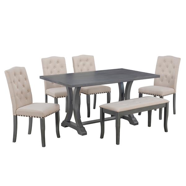 6-Piece Farmhouse Dining Table Set, Rectangular Trestle Table and 4 Upholstered Chairs & Bench for Dining Room (Antique Gray)