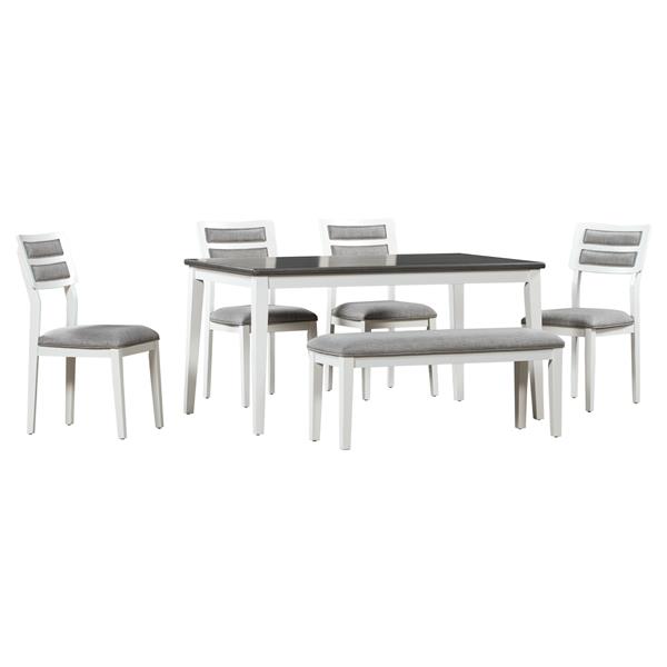 Classic and Traditional Style 6 - Piece Dining Set, Includes Dining Table, 4 Upholstered Chairs & Bench (White+Gray)