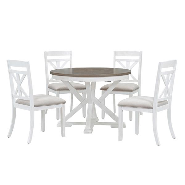 5-Piece Retro Functional Dining Table Set Extendable Round Table and 4 Upholstered Chairs for Dining Room and Living Room (Brown+Antique White)