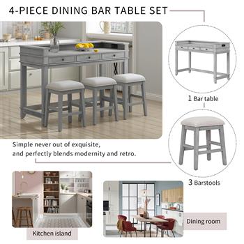 4-piece Dining Bar Table Set with 3 Upholstered Stools, Multifunctional Dining Table with 3 Drawers (Gray)