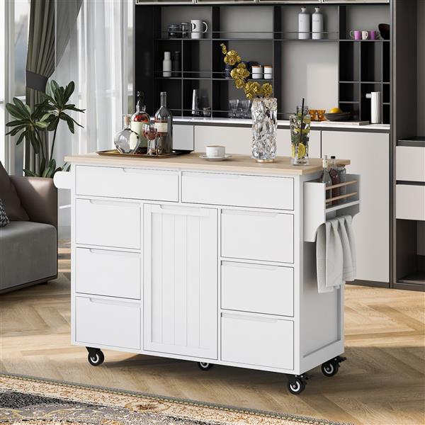 Kitchen Cart with Rubber Wood Countertop , Kitchen Island has 8 Handle-Free Drawers Including a Flatware Organizer and 5 Wheels for Kitchen Dinning Room, White