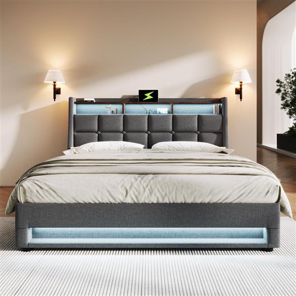 Queen size Upholstered Platform bed with a Hydraulic Storage System, LED and USB Charging, Grey (without mattress)